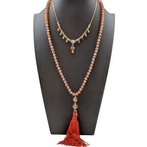 Lot of Two Gold Tone Orange Theme Crystal Tassel Y-Drop Necklaces